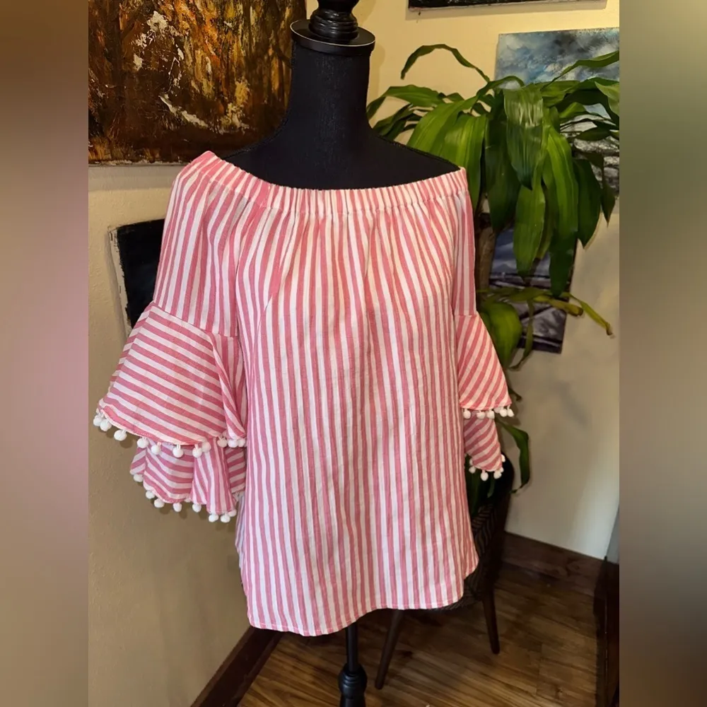 EUC CUPIO BLEND RED & White stripes.double Ruffled bell sleeve Sz M - Image 2
