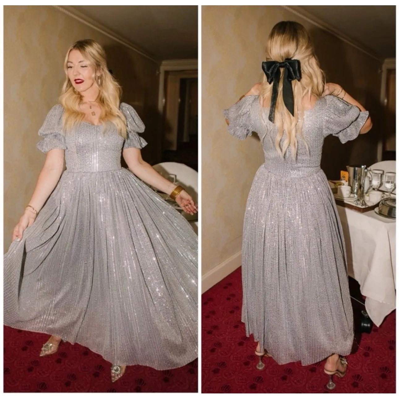 Ivy City Co Clara Dress in Gunmetal Sparkle‎ Sequins Puff Sleeve Sz 3XL NWT Silver - Image 2