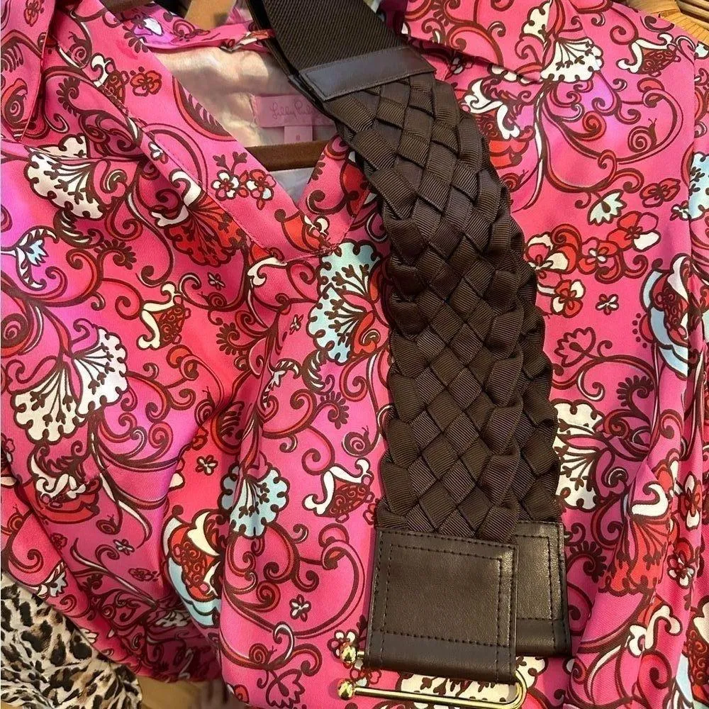 Lilly Pulitzer Pink Floral Paisley Dress With Braided Belt Womens 8 Silk Pink - Image 5