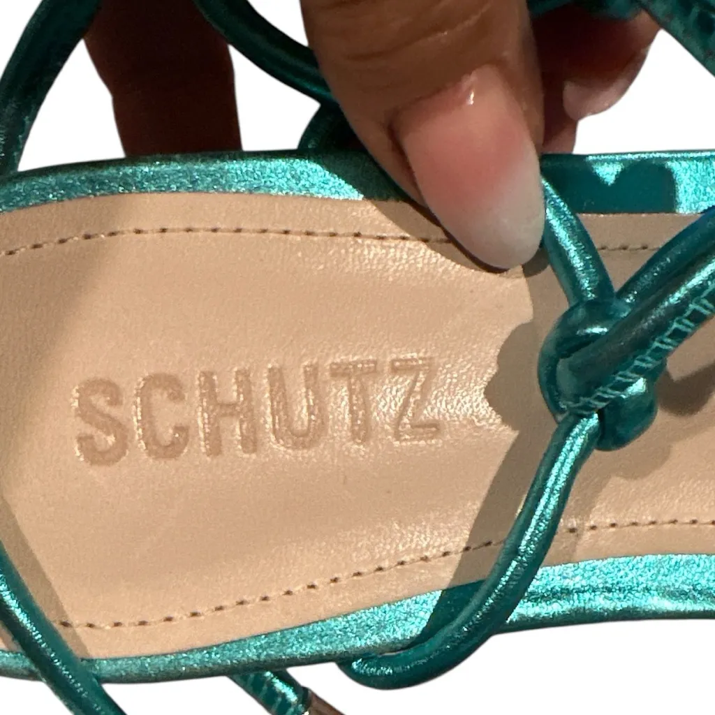 SCHUTZ LACE-UP METALLIC TURQUOISE BLUE STRAPPY POINTED TOE FLAT SANDAL SHOES 38 - Image 6