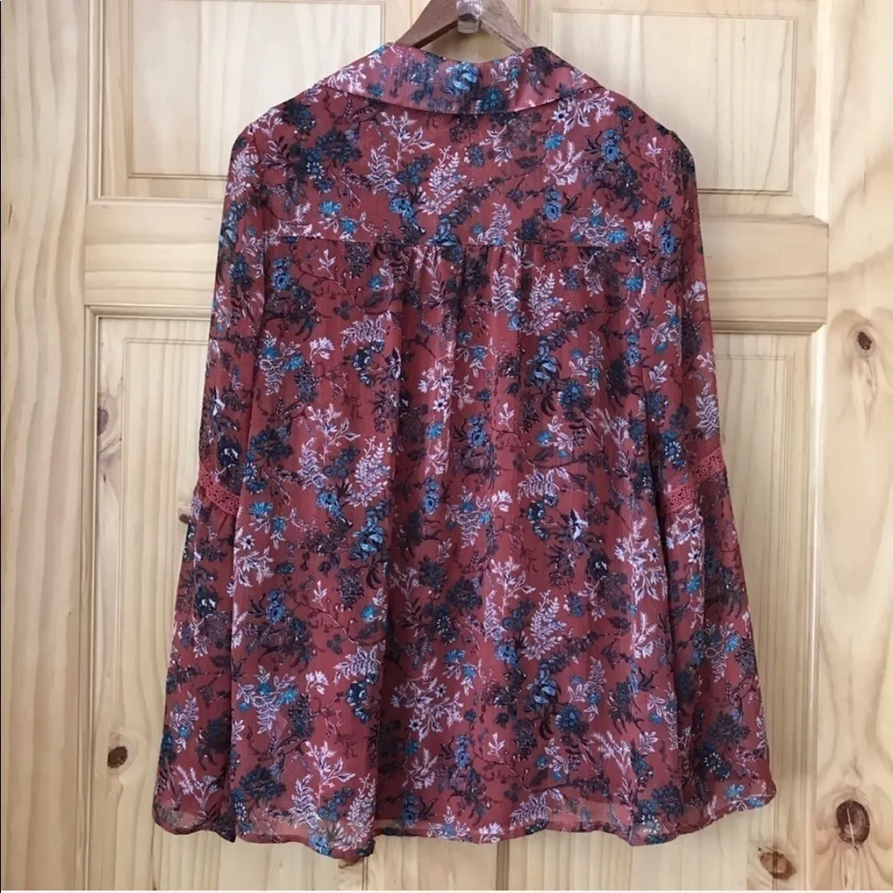 KNOX Rose crochet trim sheer boho bell sleeve floral top size M - Image 8