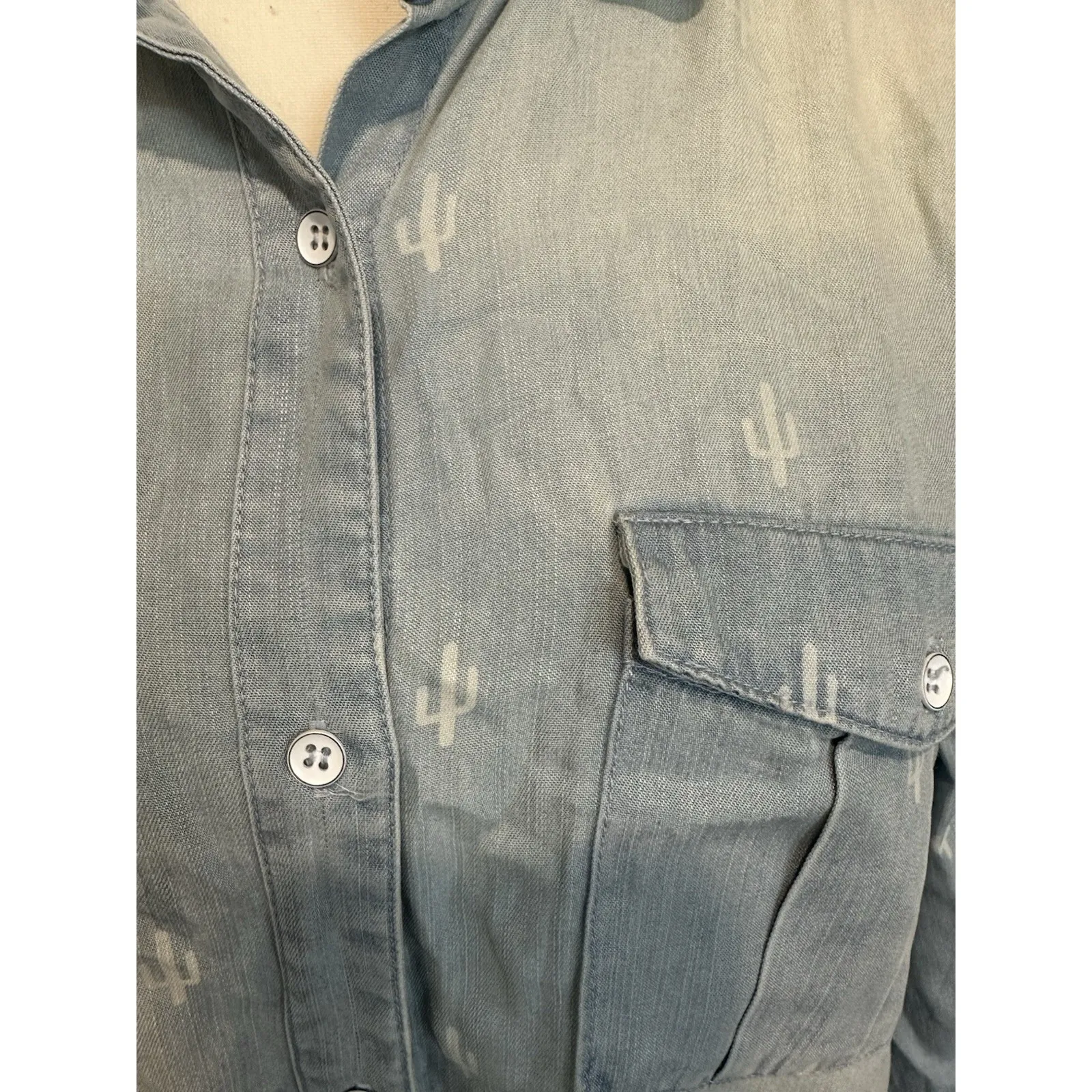 Ali Miles Chambray Cactus Print Tencel Shirt Dress Women's‎ Small Western Boho Blue - Image 2