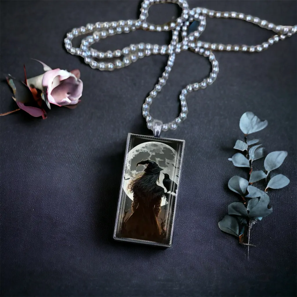 1pc Witch & Crow Pattern Rectangular Pendant Necklace‎ Exquisite Silver Plated - Image 6