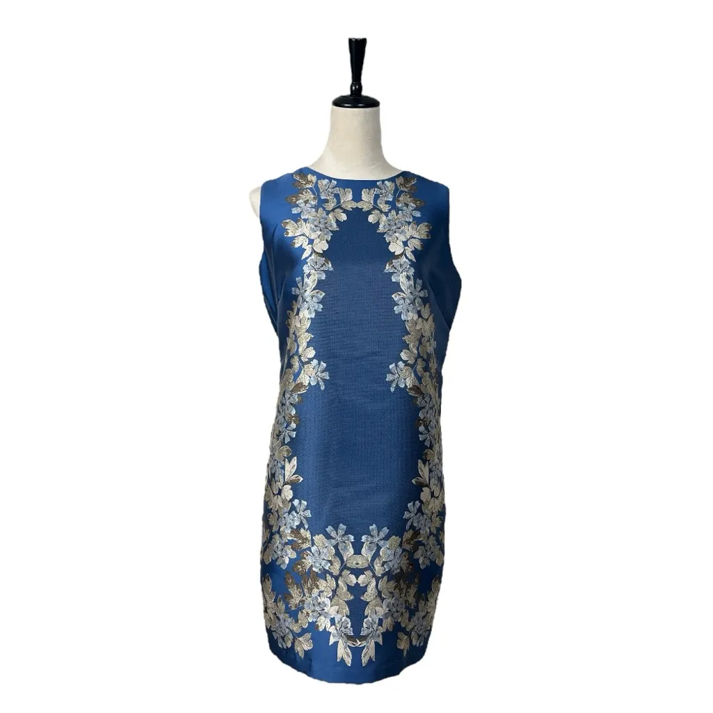 Classic Sheath Dress Sleeveless Blue Gold Silver Metallic Floral Women’s Size 12 - Image 11