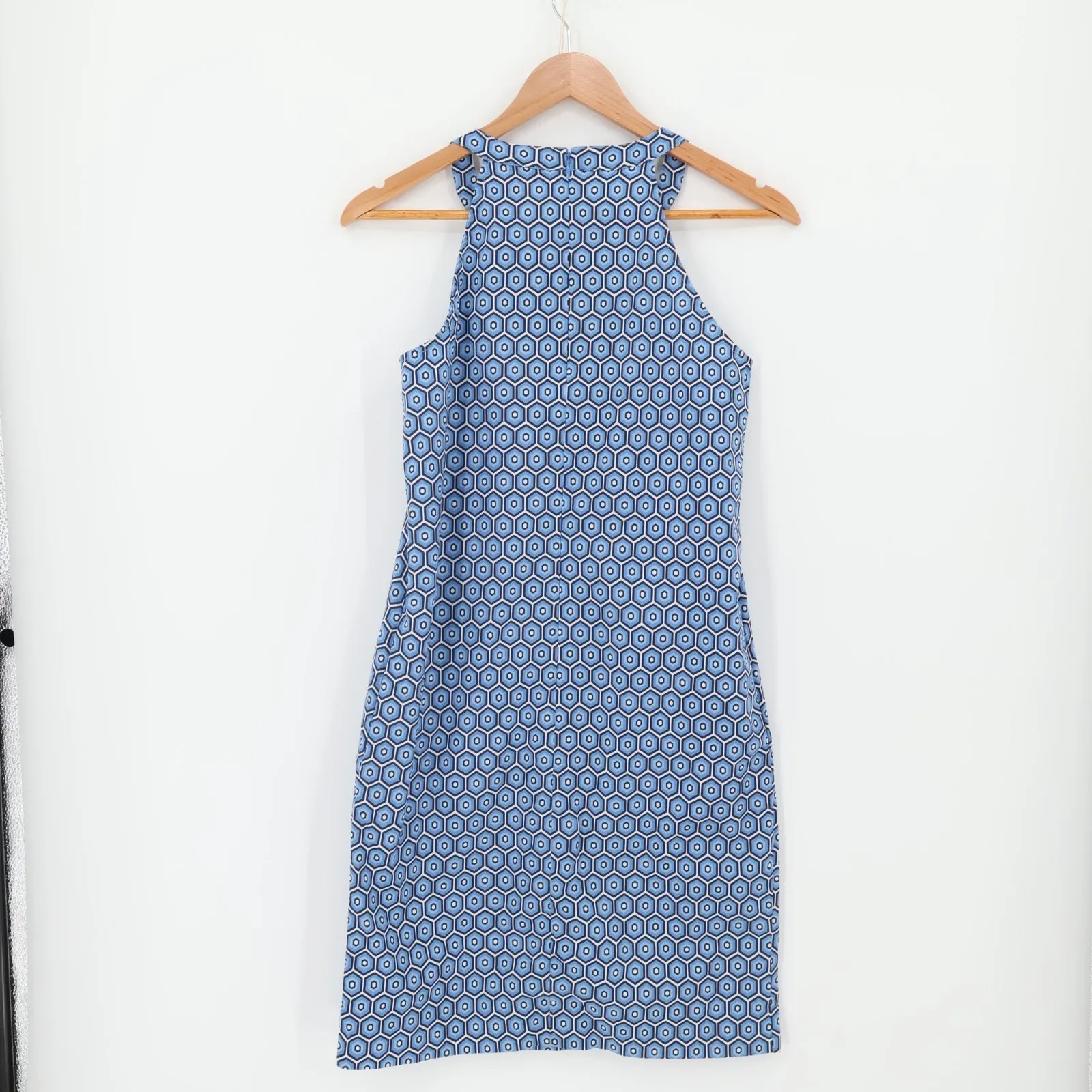 Geometric Halter Dress Pockets‎ Blue Retro Mod Preppy Vacation Summer Size 2 - Image 2