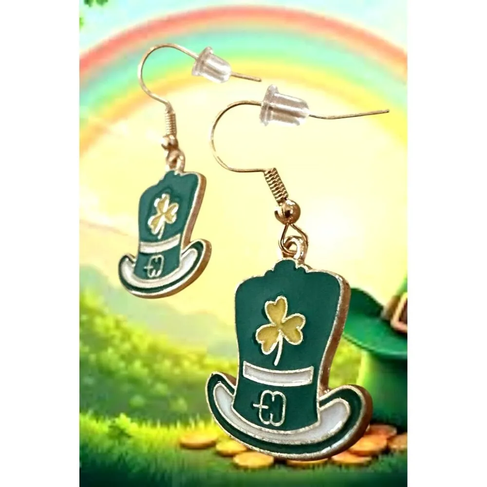St Patricks Day Leprechaun Hat Earrings Shamrock Green Dangle Hooks New… Gold - Image 7