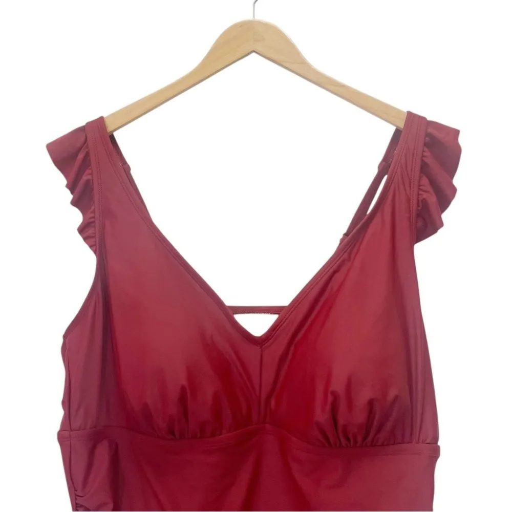 NWT Kona Sol One Piece Swimsuit Size 22W Brick Red Ruffle Strap Ruched Plus Size - Image 7
