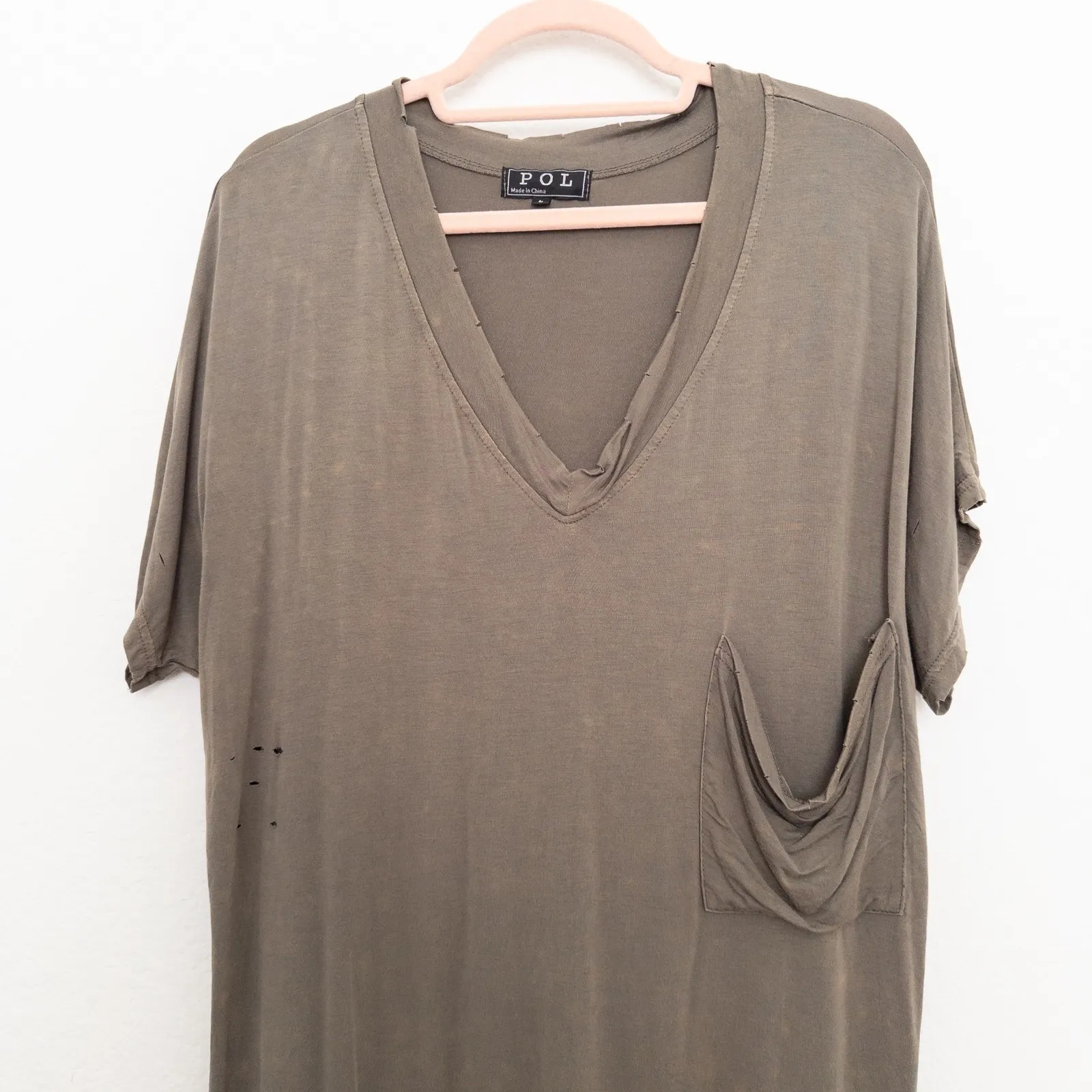 POL Womens T-Shirt Size L Olive Green Tunic Distressed Casual Oversized Grunge - Image 2