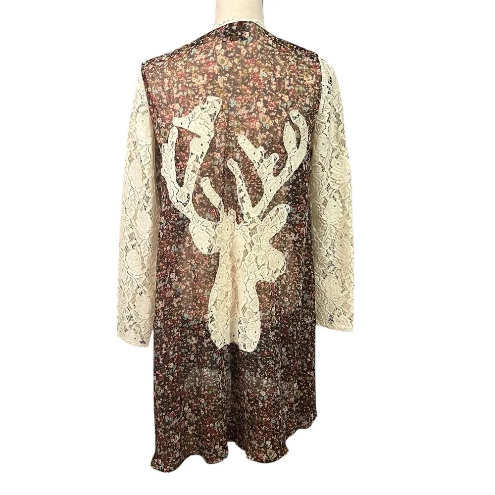Judith March | Women's Sheer Floral Lace Deer Open Cardigan Kimono Sz S - Image 3