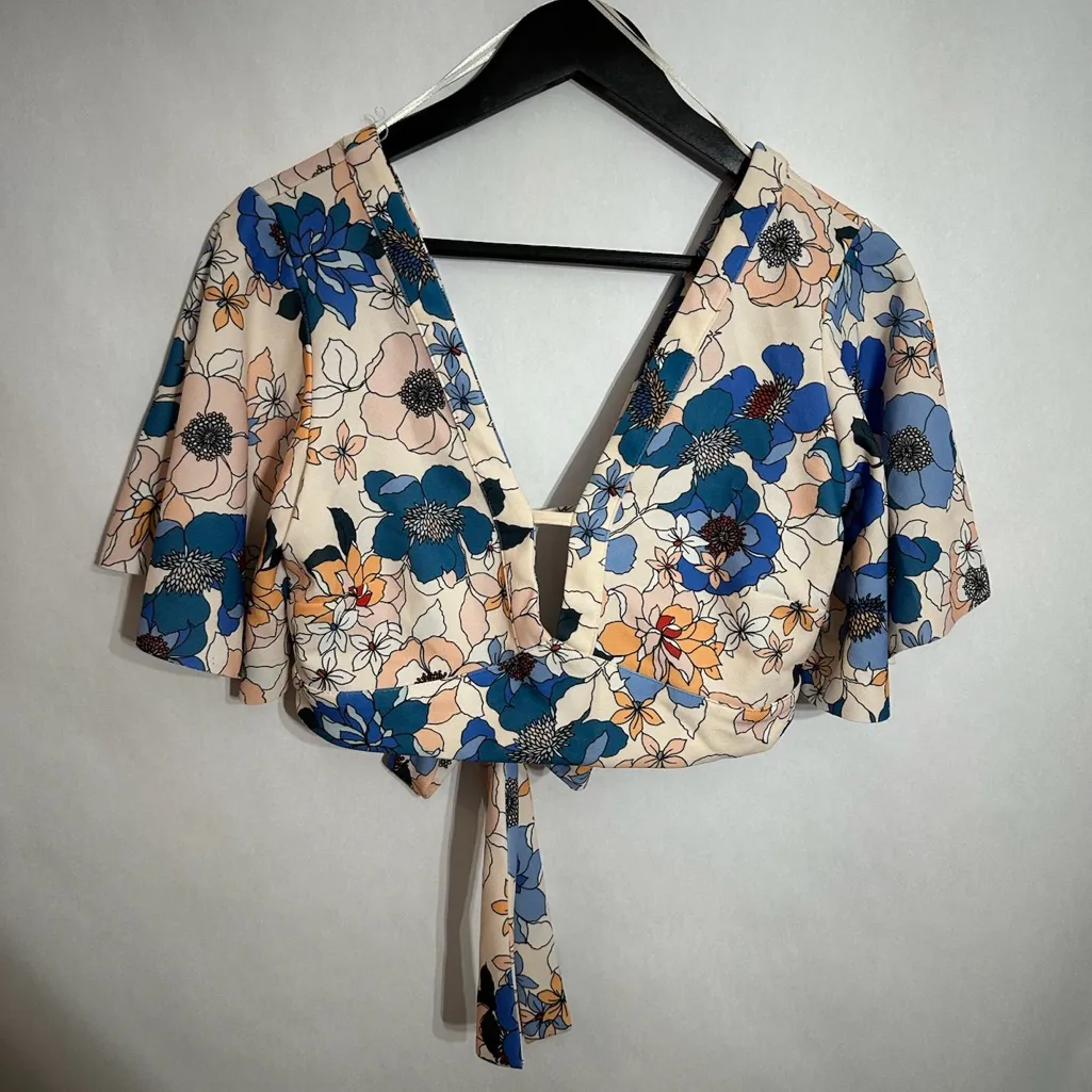 Zara Floral Tie Crop Top Blue Peach Print Flutter Sleeve Medium Blogger Fav - Image 13
