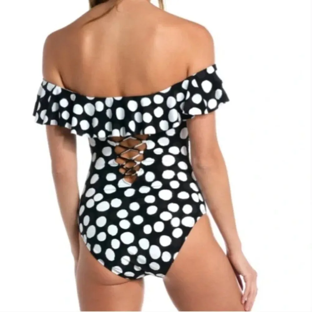 NEW La Blanca Size 6 Mod For Dot Polka Dot Ruffle One Piece Swimsuit Black White - Image 2