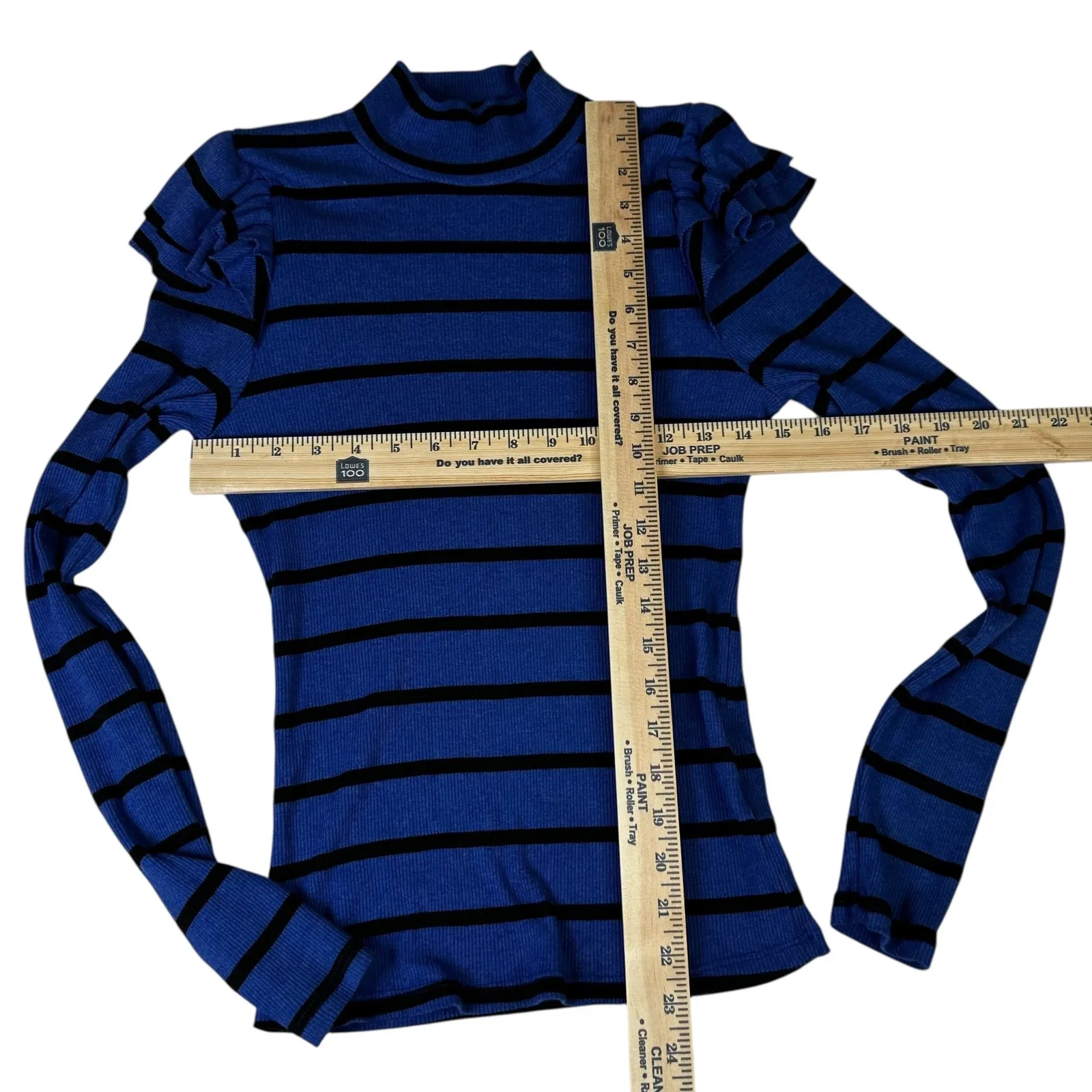 t.la Blue Black Stripe Mock Neck Ruffle Sleeve Knit Top Women Small - Image 6