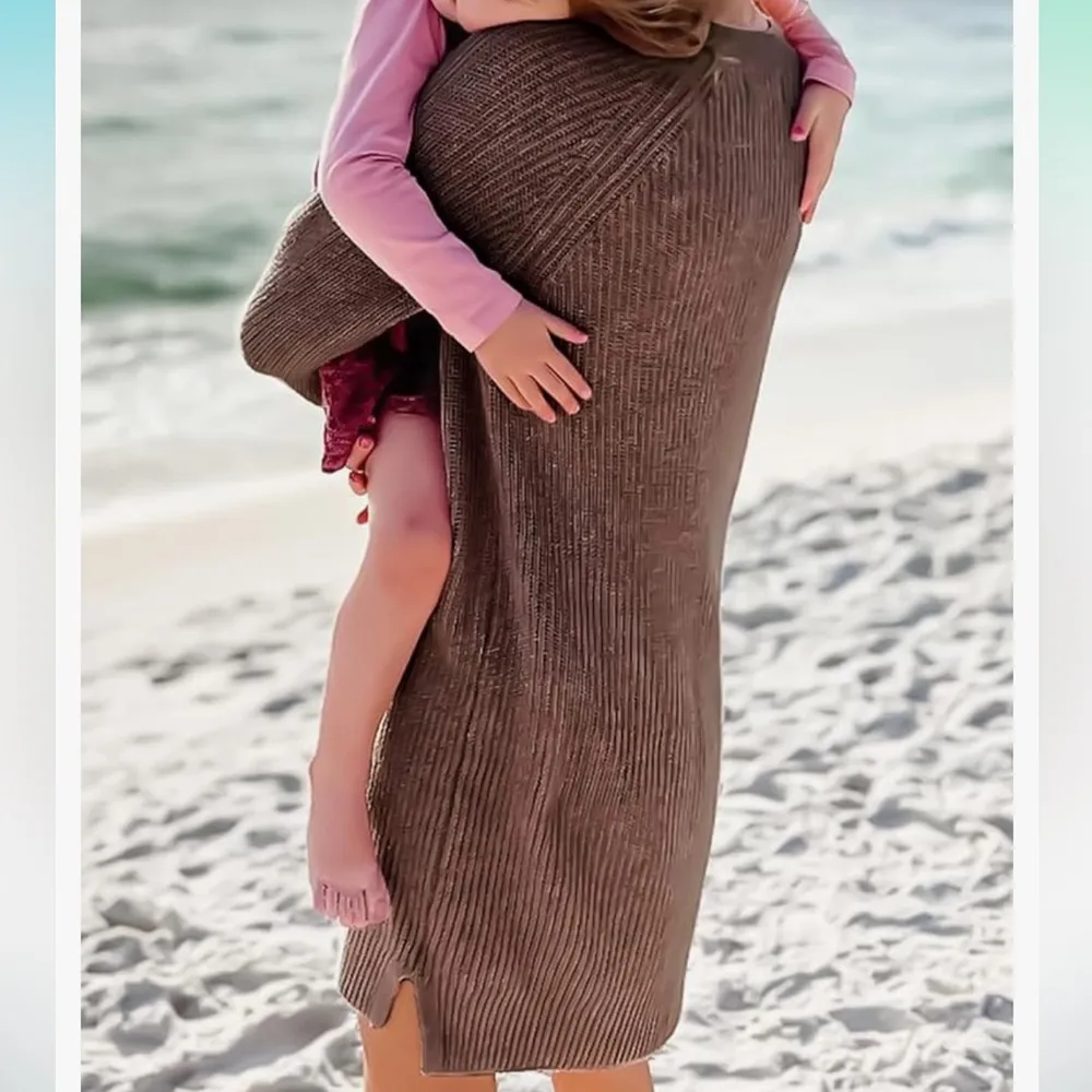 Brown V Neck Long Sleeve Button Down Pullover Midi Knit Sweater Dress — Medium - Image 3