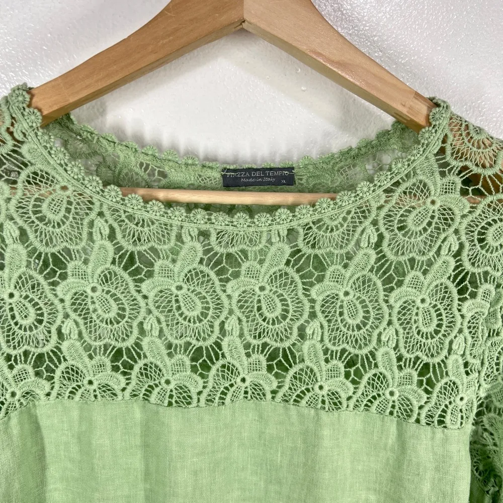 Piazza Del Tempo Lace Top Linen Blend Long Sleeve Crochet Detail Green Blouse XL - Image 5