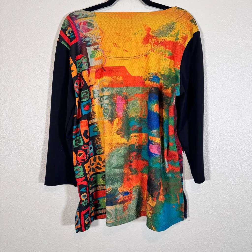 Ali Miles Black Red Asymmetrical Blouse Womens L Lagenlook Artsy Art to Wear Top Size L - Image 2