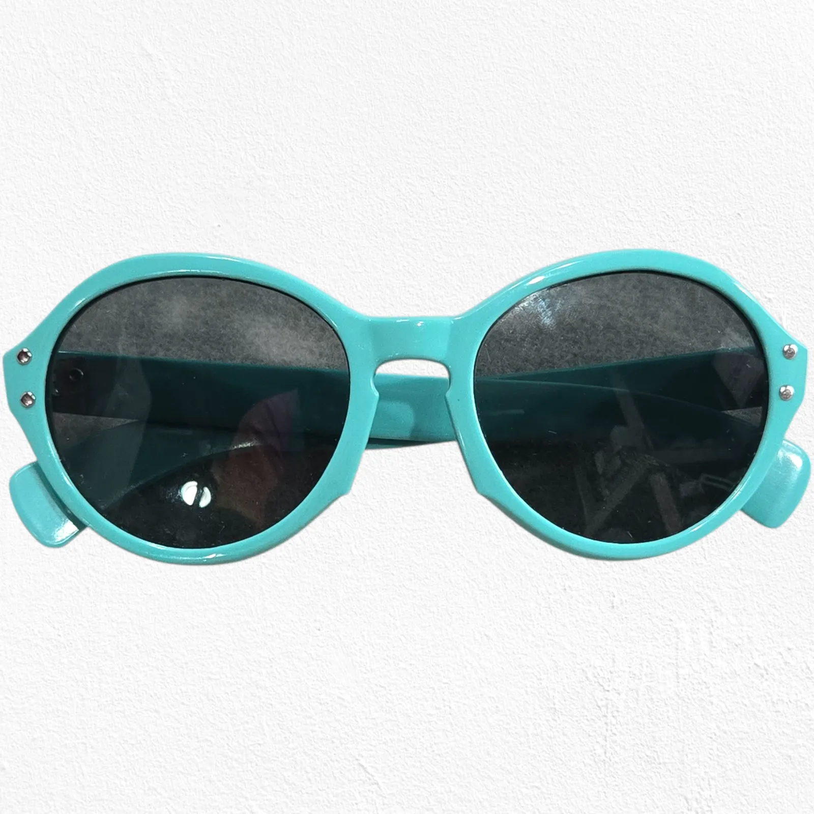 1960s Vintage Aqua Blue Mod Sunglasses Riveted Round Frame Retro Mod Eyewear - Image 10