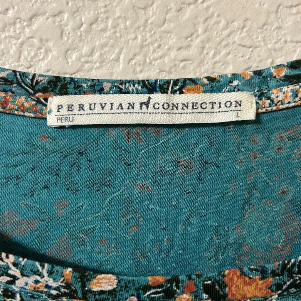 Peruvian Connection Art to Wear Floral Tunic Dress Top in Blue & Orange Sz Large - Image 4
