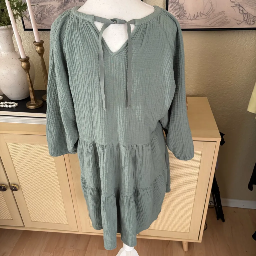 ALICE WALK The Organic Cotton Gauze Puff Sleeve
Dress Triple Gauze In Sage Sz Lg Green - Image 5