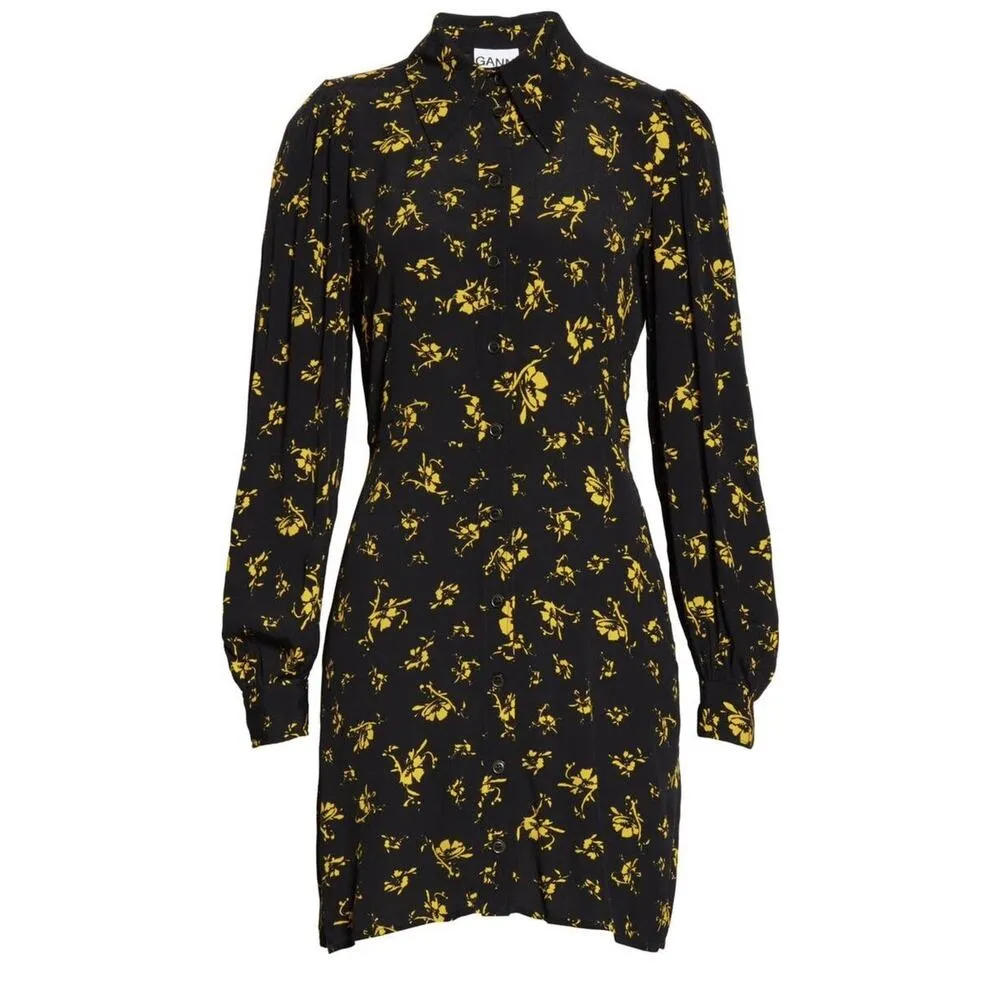 ganni black yellow floral print crepe collared button shirt dress - Image 5