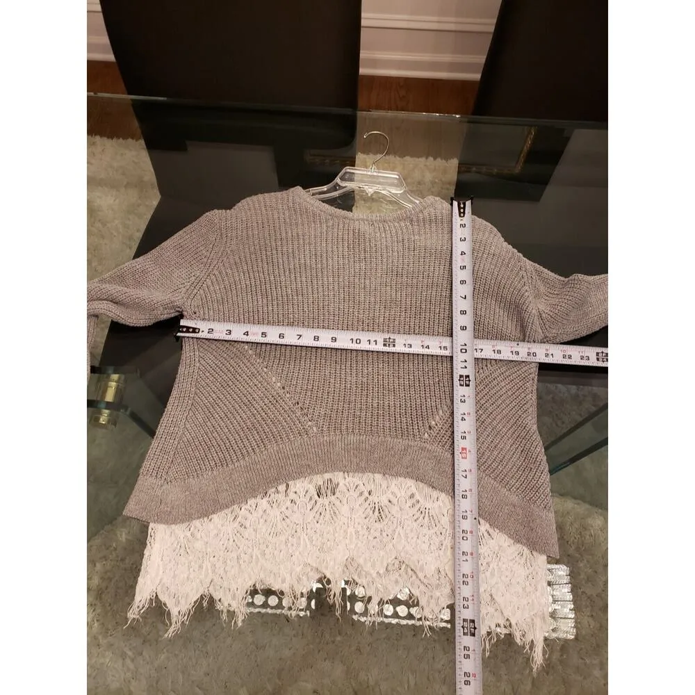 Monteau Women's Gray Open Knit Crochet Trim Round Neck Long Sleeve Sweater M - Image 6