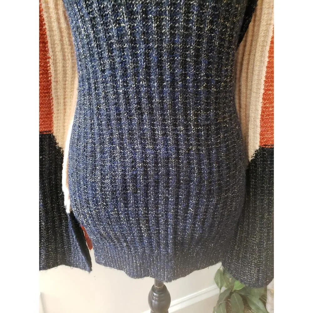 ADORA Sweater Women's SM Navy Orange Ribbed Acrylic Knit Long Sleeve Round Neck Blue - Image 11