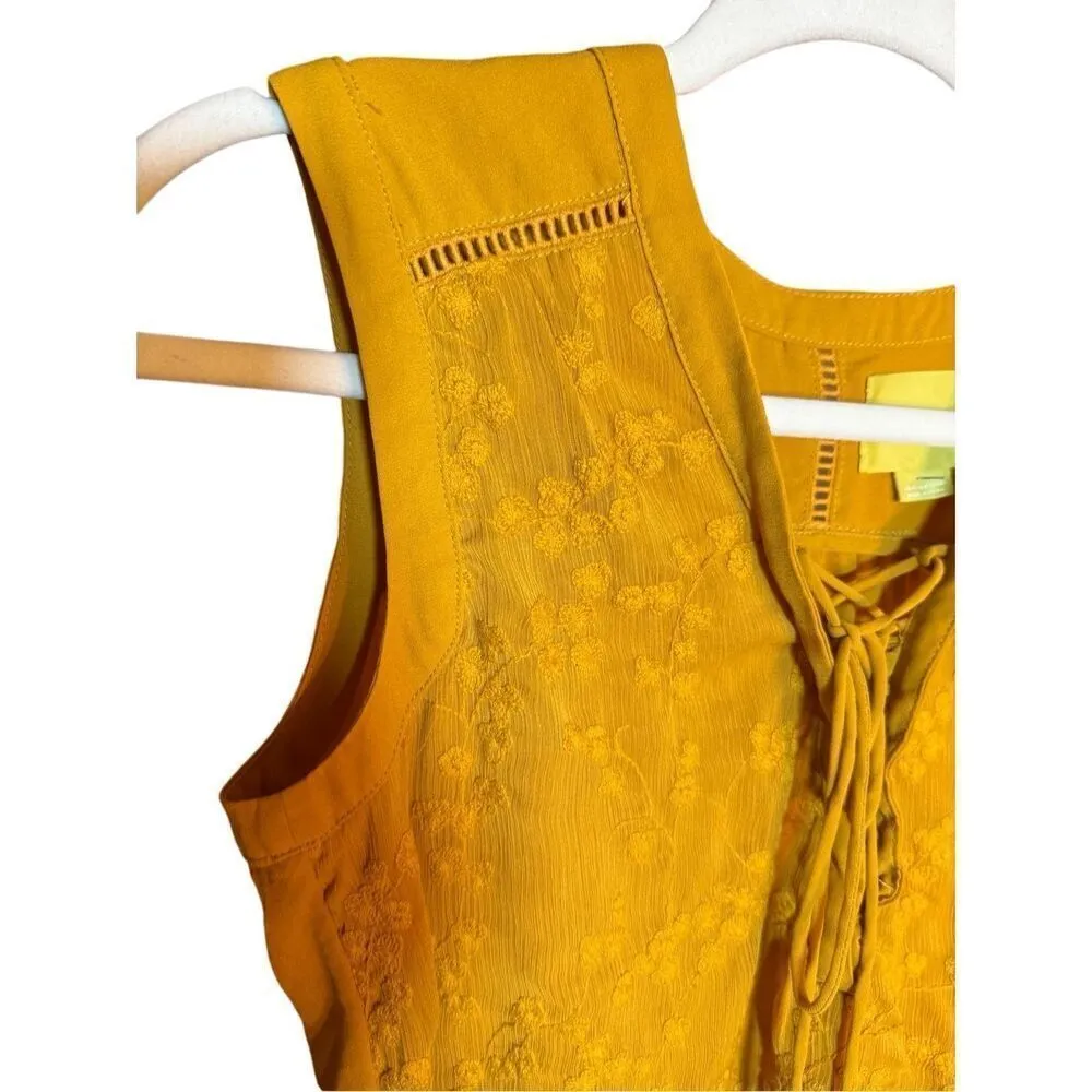 Anthropologie Maeve Embroidered Mustard Golden Yellow Lace-up Front Sz 4 - Image 8