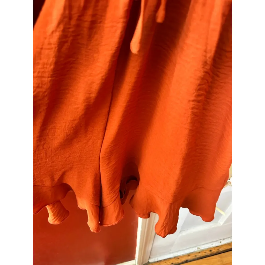 Cider V-Neck Rust Knotted Ruched Tie-Front Ruffle Hem Romper Medium - Image 10