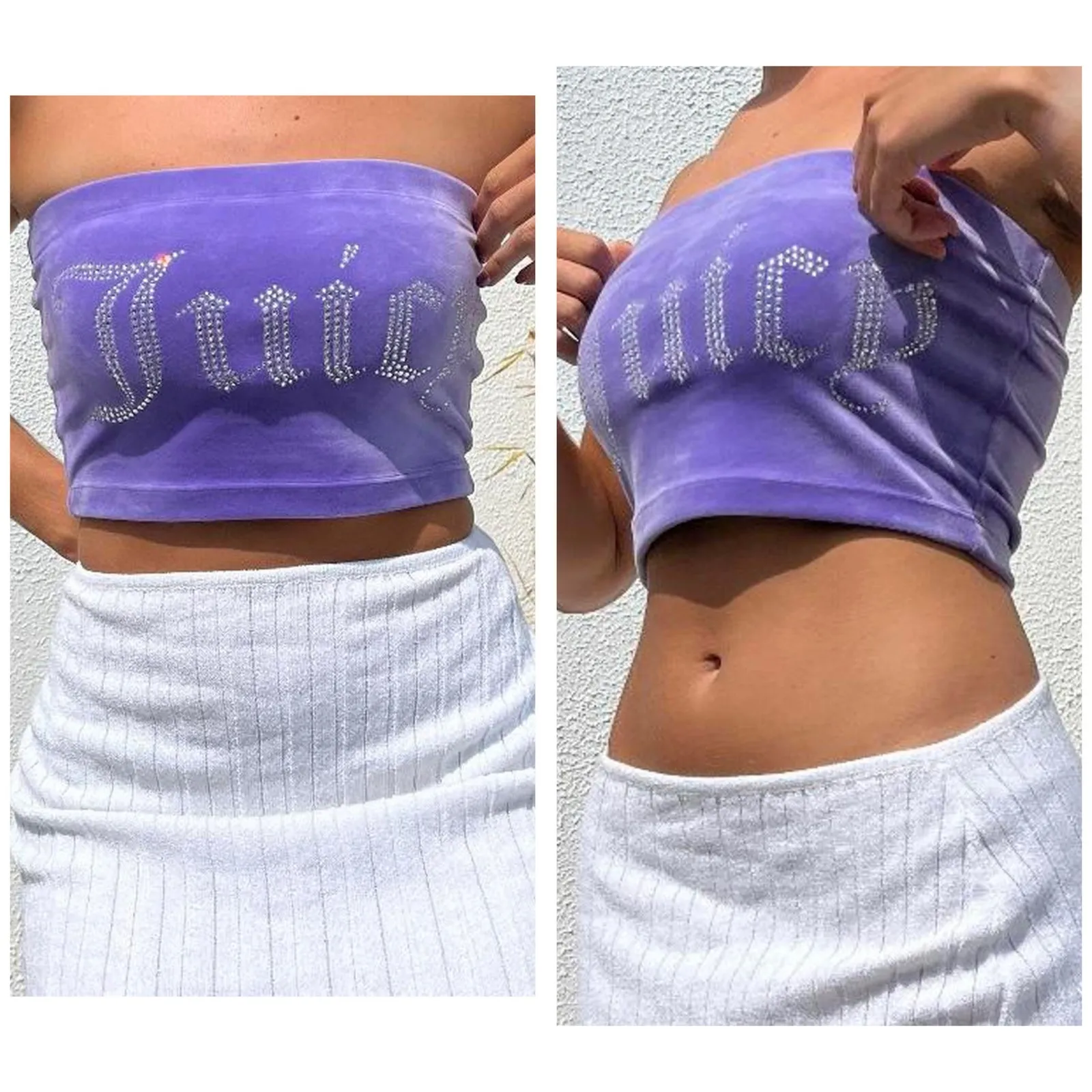 Vintage Y2K Juicy Couture X Forever 21 Purple Velvet Rhinestone Crop Top Large - Image 2