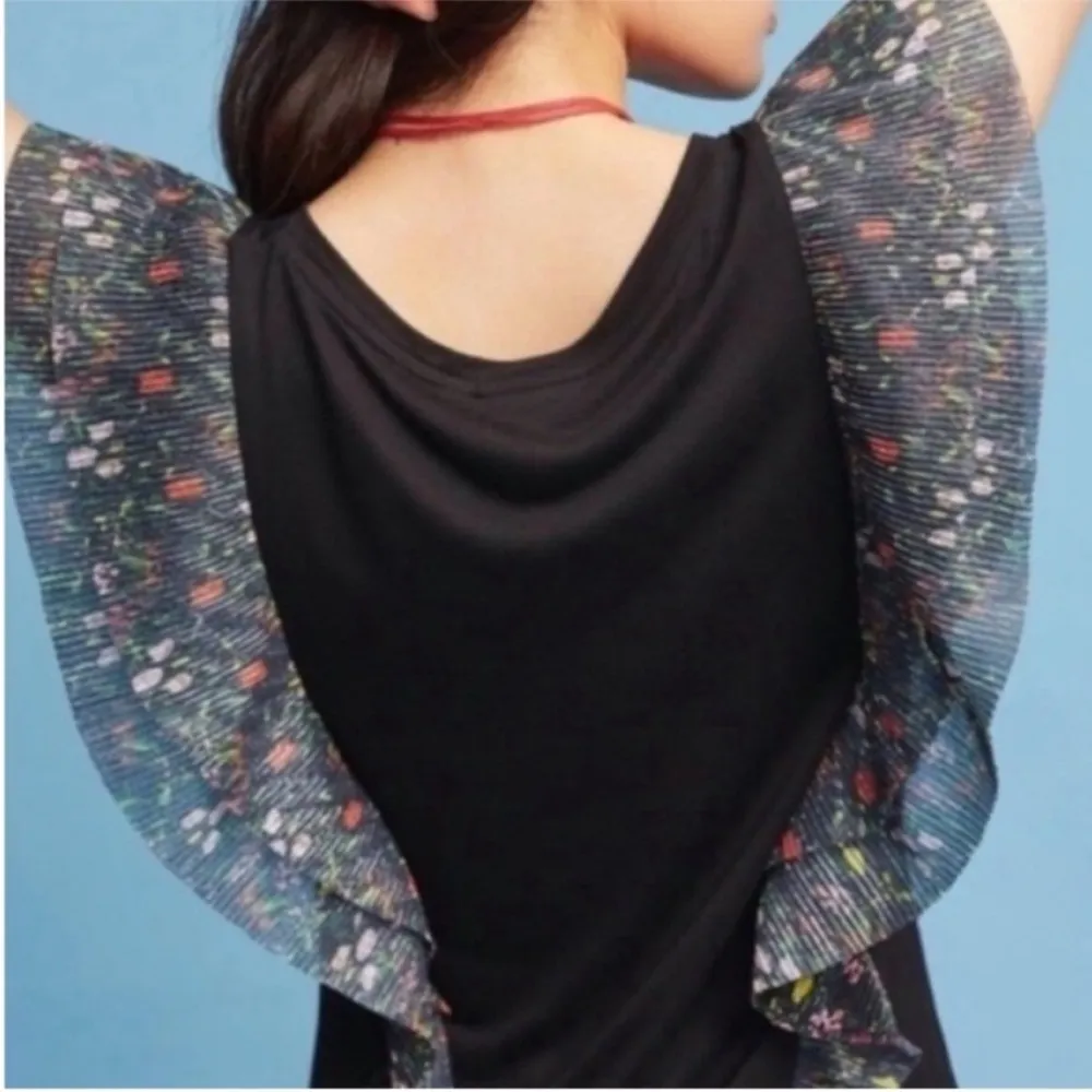 Anthropologie VANESSA VIRGINIA Black Indak Ruffle Flutter Sleeve Top Extra Small Size XS - Image 3