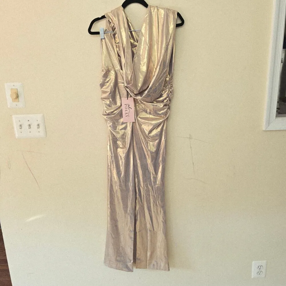 NWT Oh Polly Dalilah Metallic Maxi Gown Hooded A Light Gold Women's Size US 10 - Image 6
