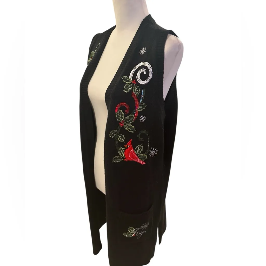 Holiday Time Women's 1X Black Sleeveless Cardigan with Festive Embroidery - Image 3