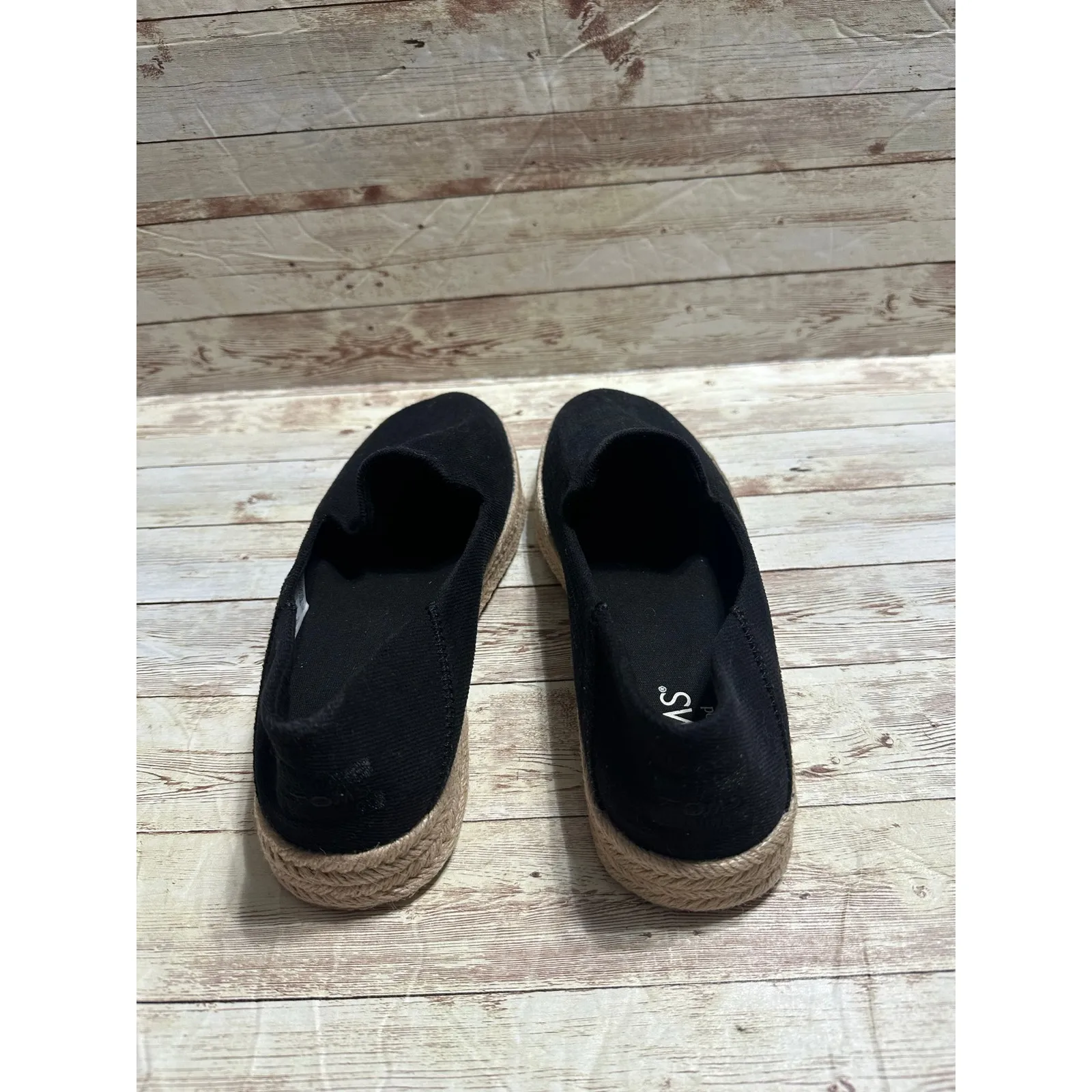 Toms Slip On Canvas Espadrille Shoes Women's Size 10 Black Tan Comfort Platform - Image 2