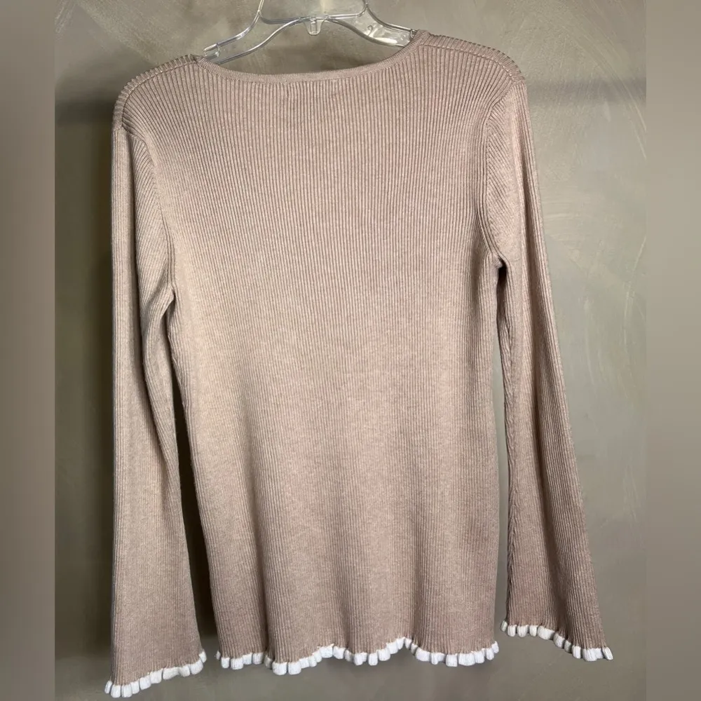 Calvin Klein Womens Beige Pullover Ribbed Long Sleeve lettuce hem Sweater|Sz:L - Image 5