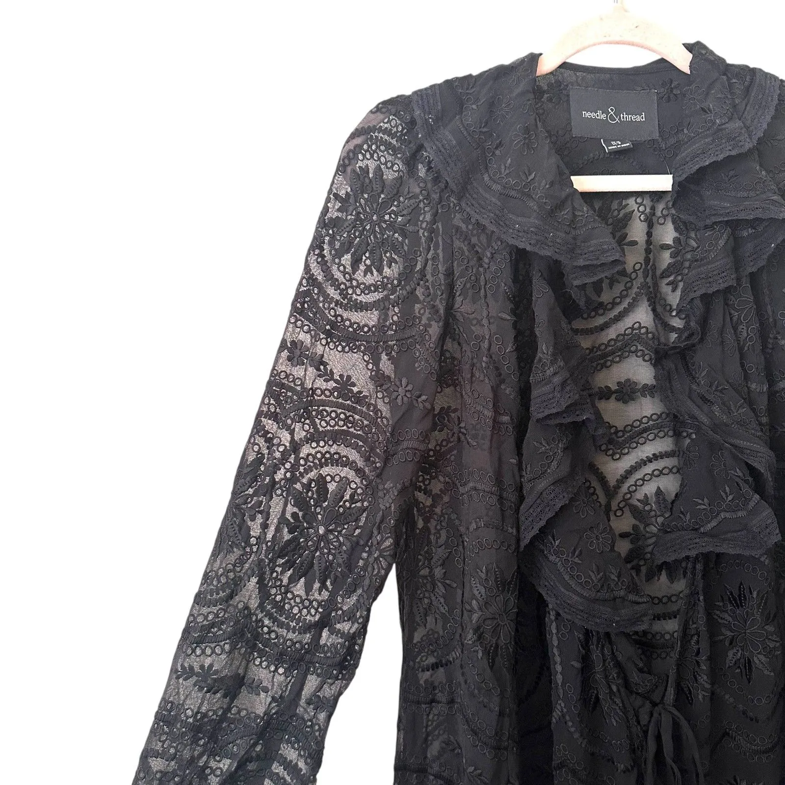 NEEDLE & THREAD Lace Ruffled‎ Wrap Midi Dress Black Sz 6 - Image 6