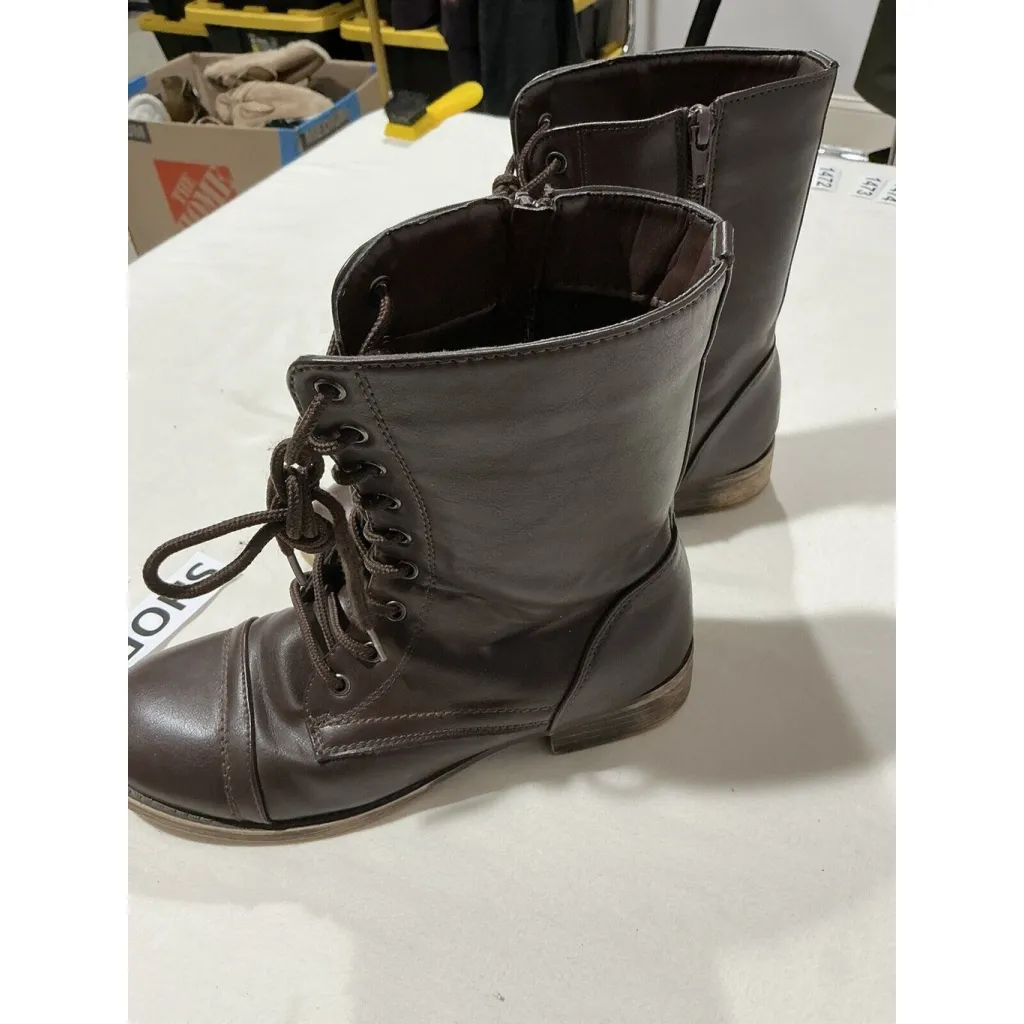Womans Charlotte Russe Avril Brown Faux Leather 7 Combat Boots Lace Up Side Zip - Image 3