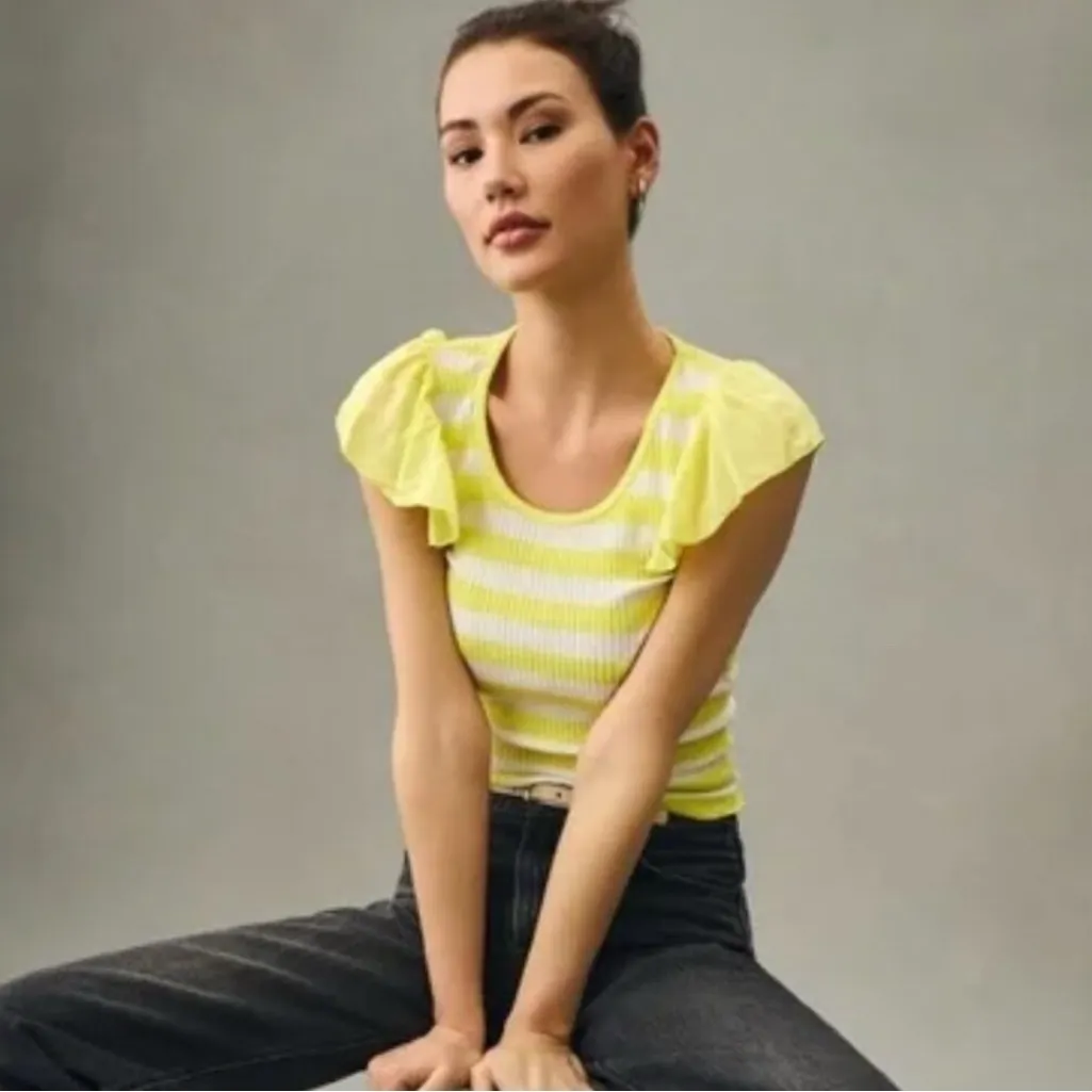 NWT Anthropologie T.La Top‎ Stripe Yellow Flutter Sleeve Knit Ribbed Blouse XXS - Image 3