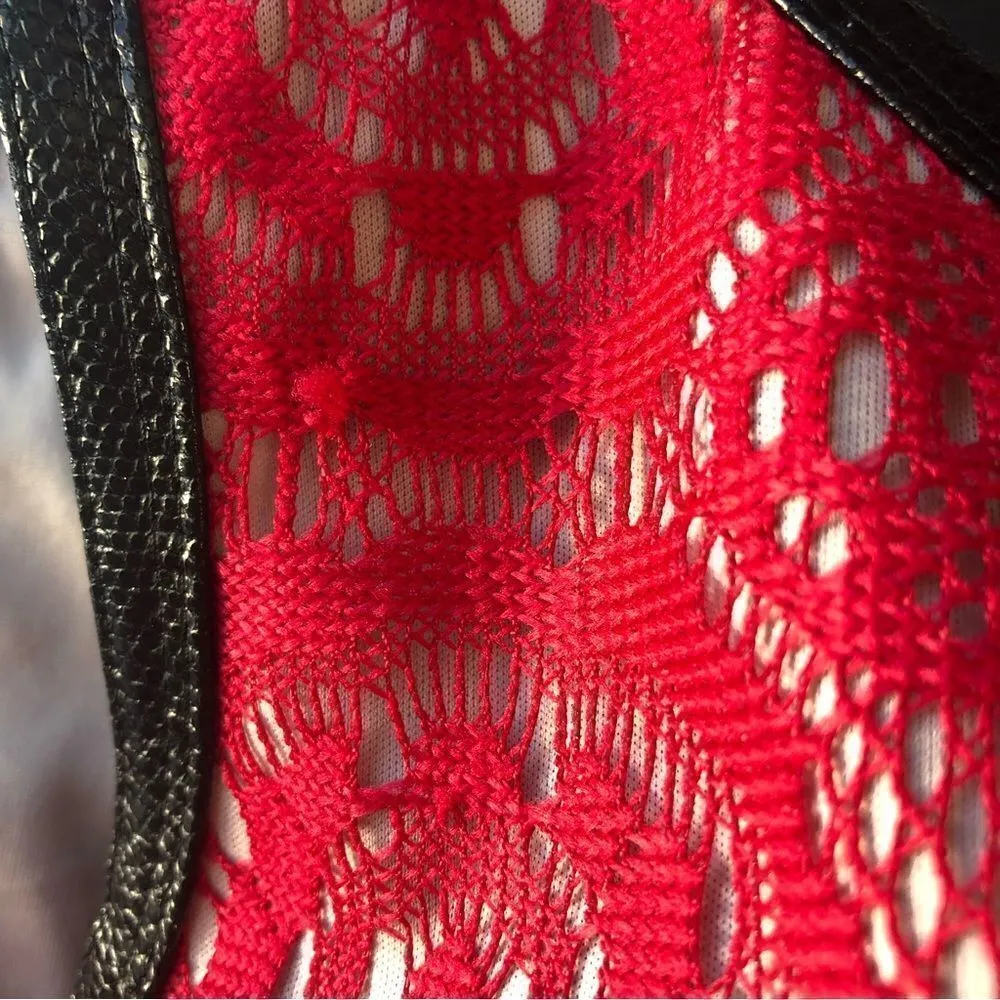Red Lace Dress with Faux Leather Accents Size 10 - Image 11