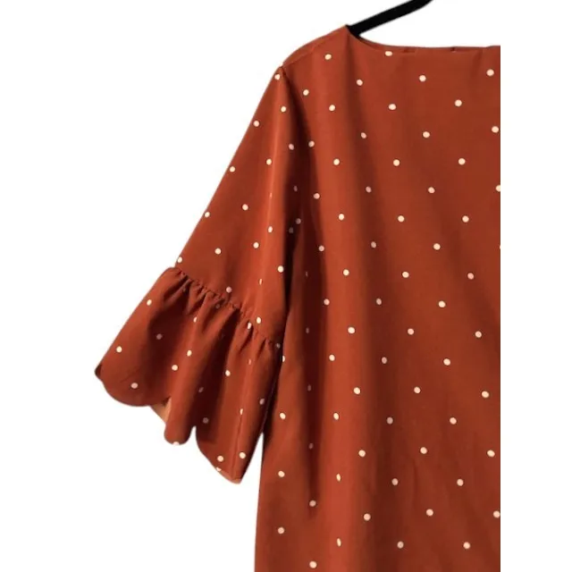 Tickled Teal Burnt Orange Polka‎ Dot Dress Ruffle Sleeve Twee Playful Longhorns - Image 9