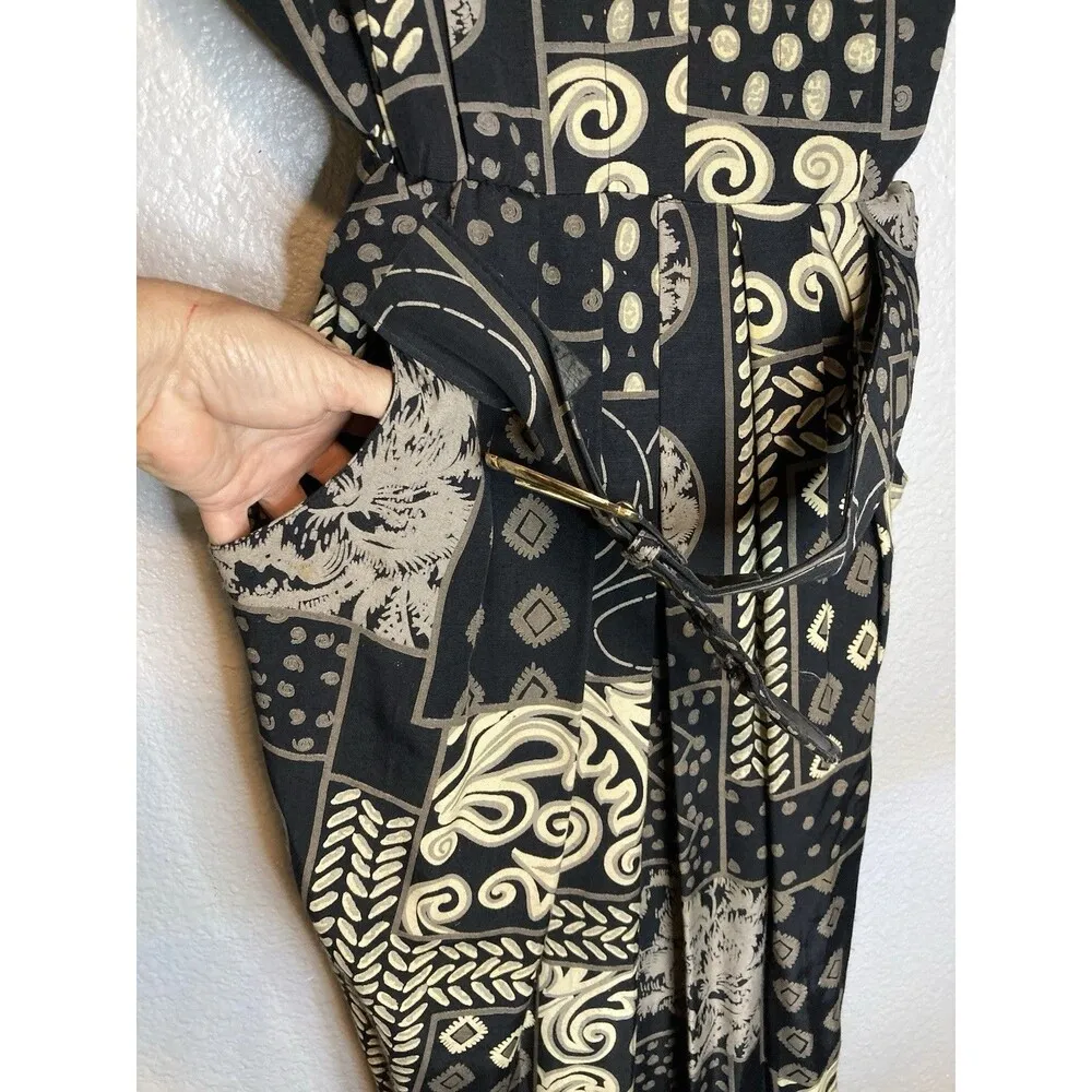 Willy’s Influence Vintage Dress 12 Late 70s Retro Black Gold Belted Pleated - Image 4