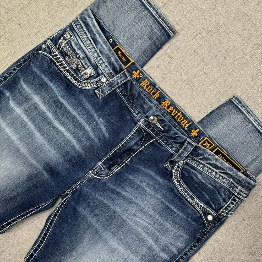 Rock Revival Barby Skinny Ankle Jeans Distressed Stretch Bling Size 34 - Image 5