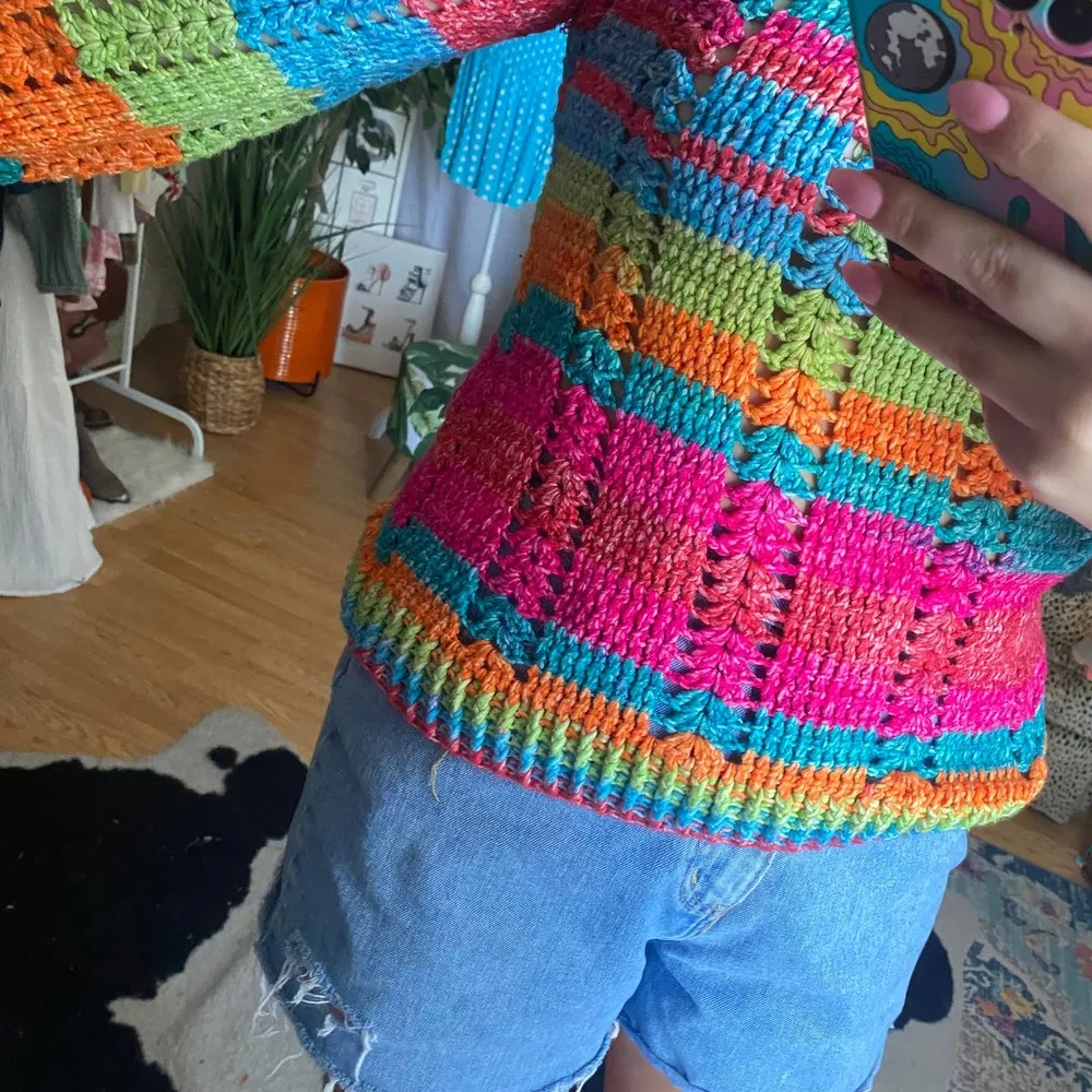 Rainbow Stripe Crochet Knit Long Sleeve Pullover Sweater Size M - Image 92