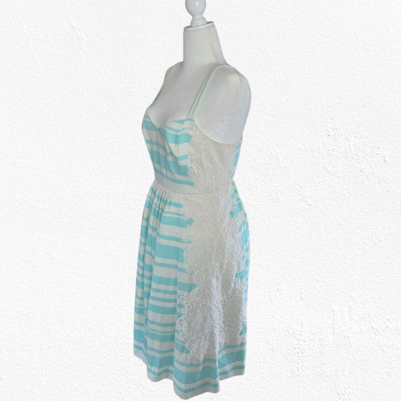 Moulinette Soeurs Blue White Striped Lace Inset Fit & Flare Midi Dress Size 6 - Image 3