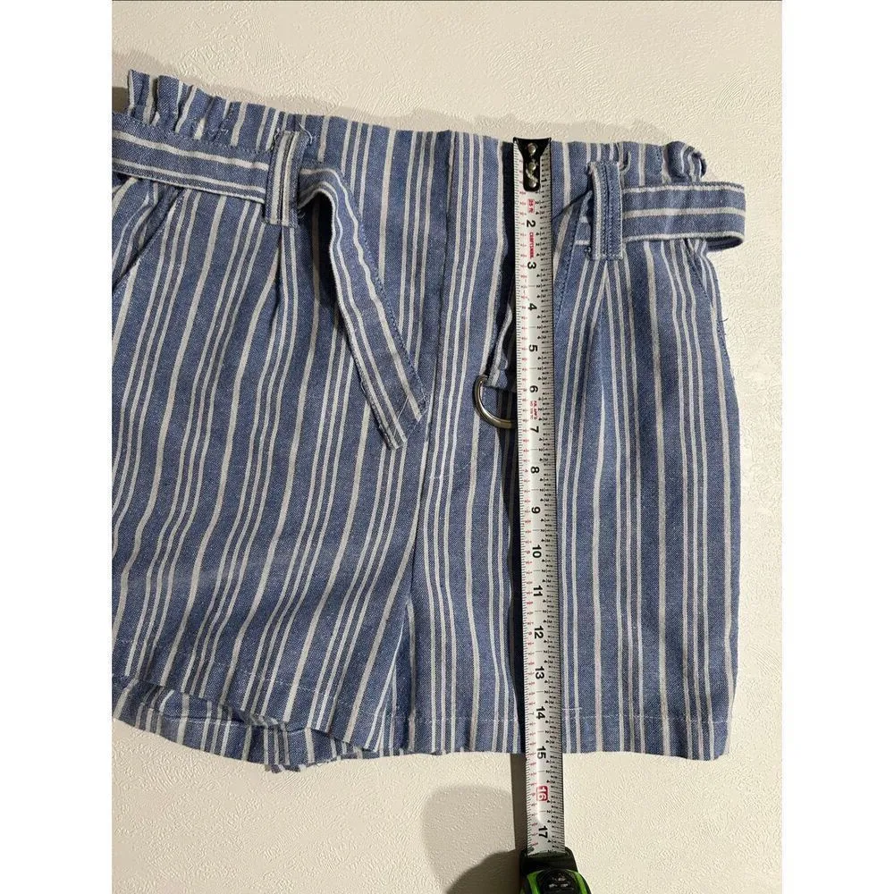 Sapphire Red Women’s Large Blue White Striped Paperbag Waist Linen Blend Shorts - Image 6