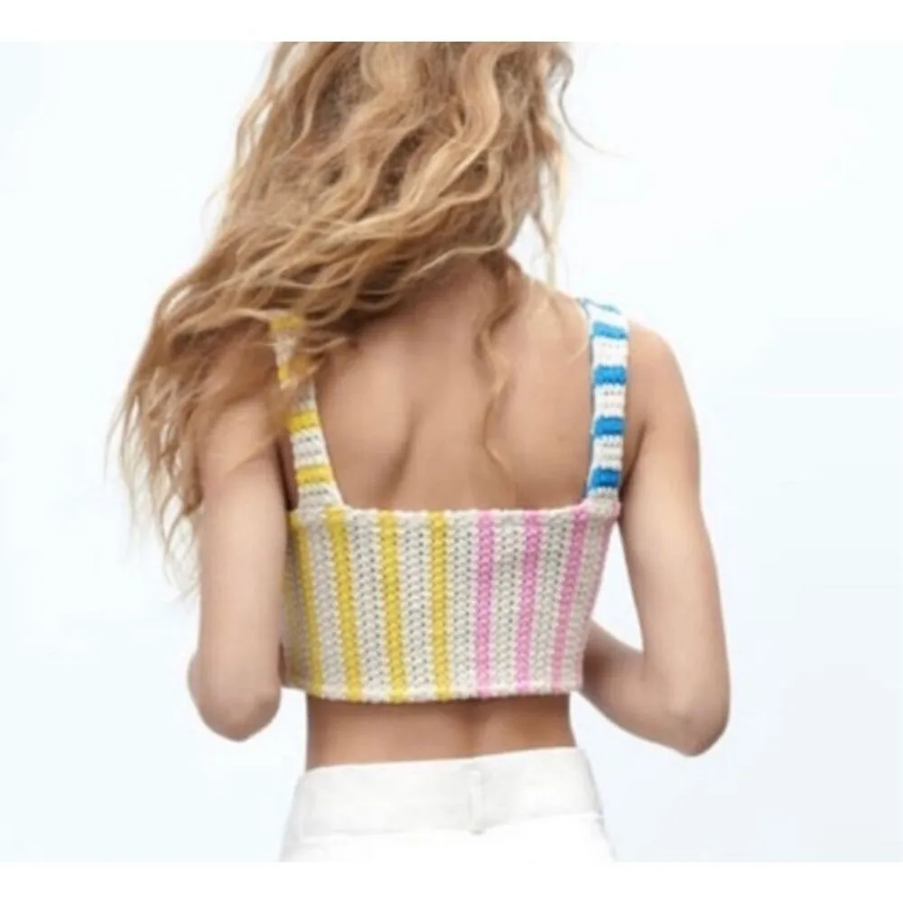 Zara NET Multi Color Crochet Striped Knit Crop Top sz M - Image 2