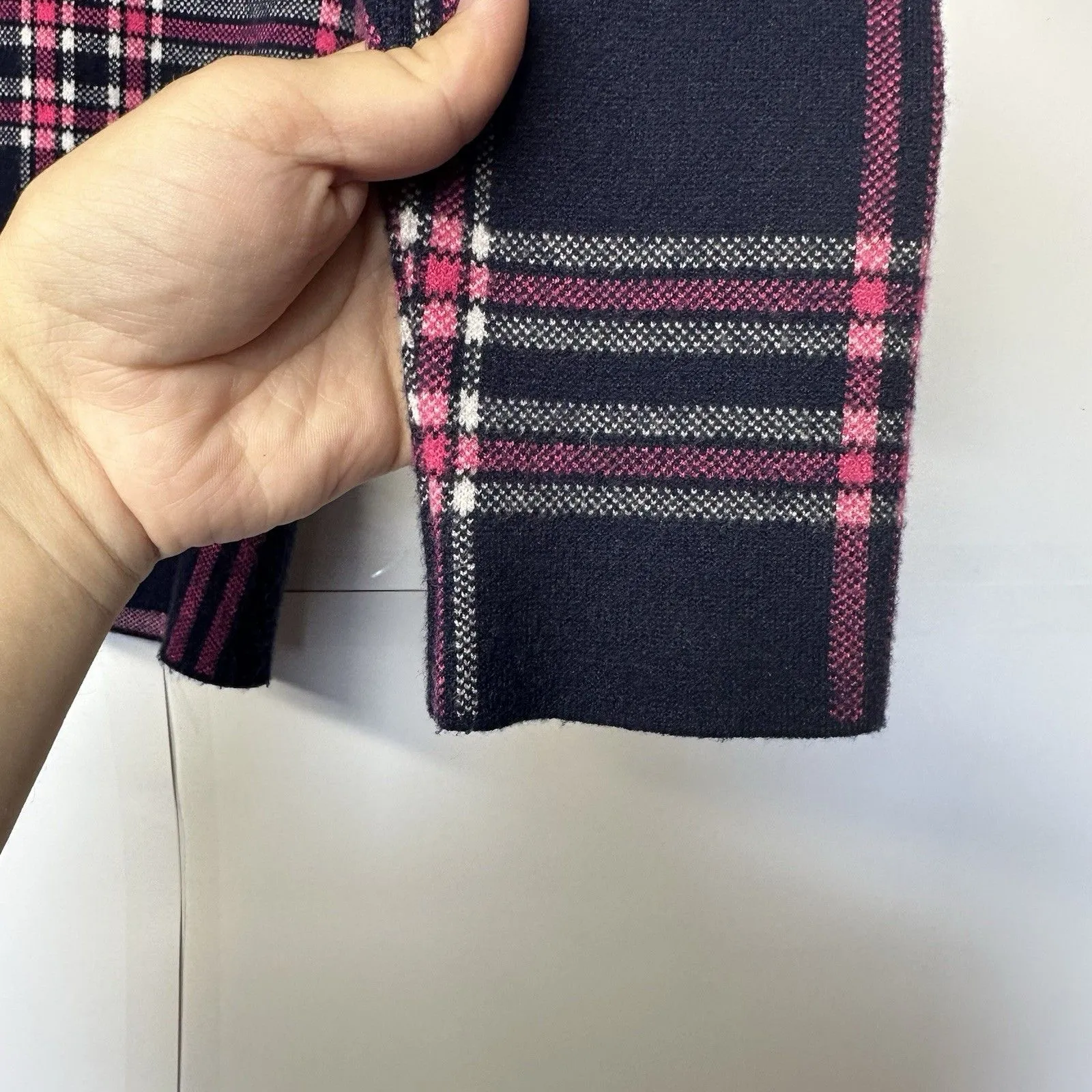 Quintessential Rachel Zoe Sweater L Plaid Mock Neck Navy Pink Pullover Knit Size L - Image 6