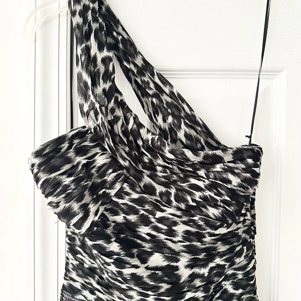 Pinko One Shoulder Grey Leopard Print Open Slit Semi Sheer Long Gown Jewel Waist Gray Size XS - Image 6