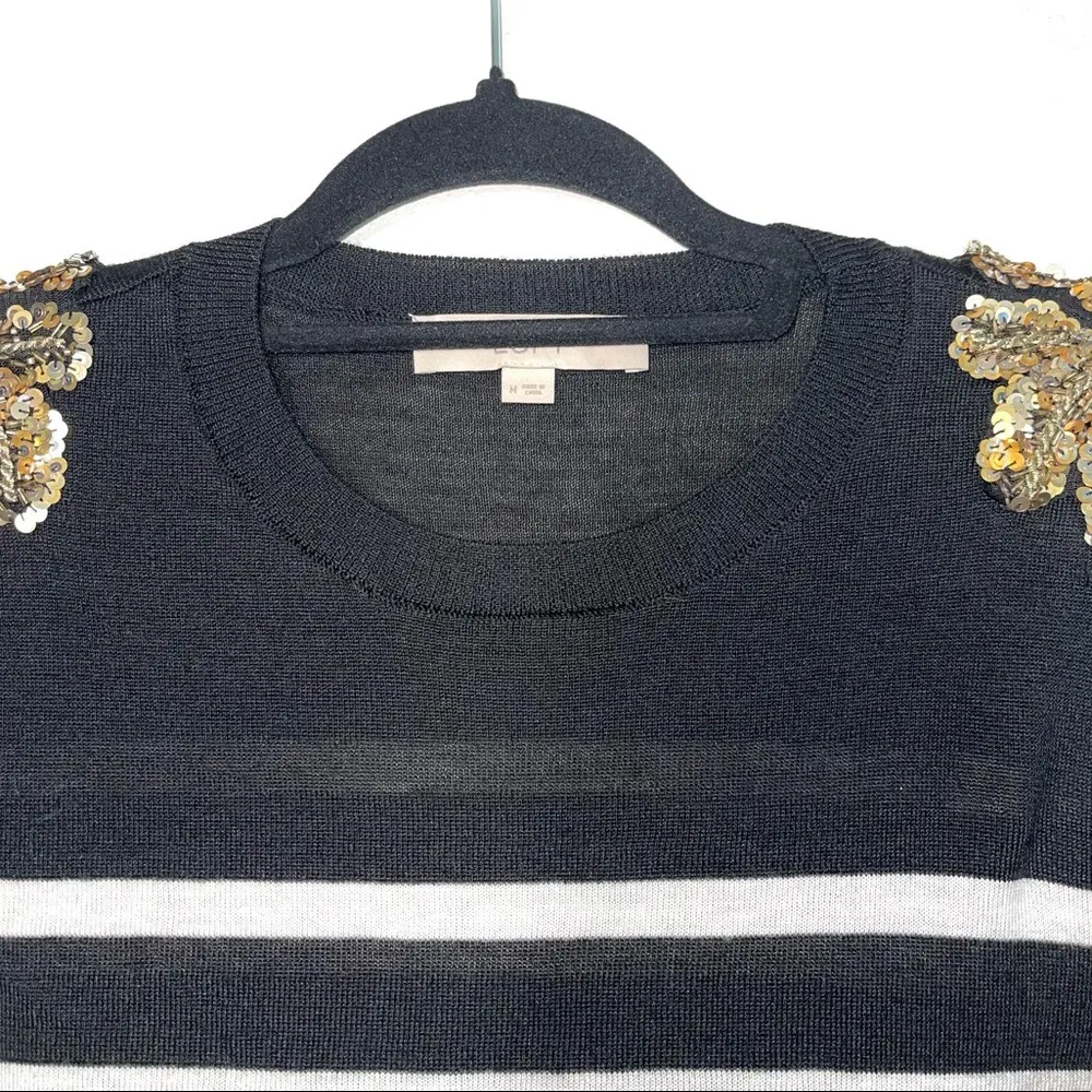 Ann Taylor  Black & White Striped Sequin Shoulder Sweater - Image 2
