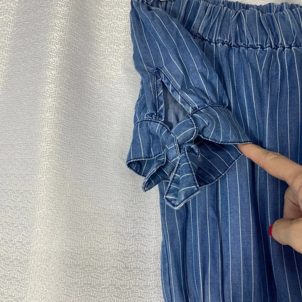 ZARA blue denim Romper white stripe off shoulder pockets women sz XS - Image 6
