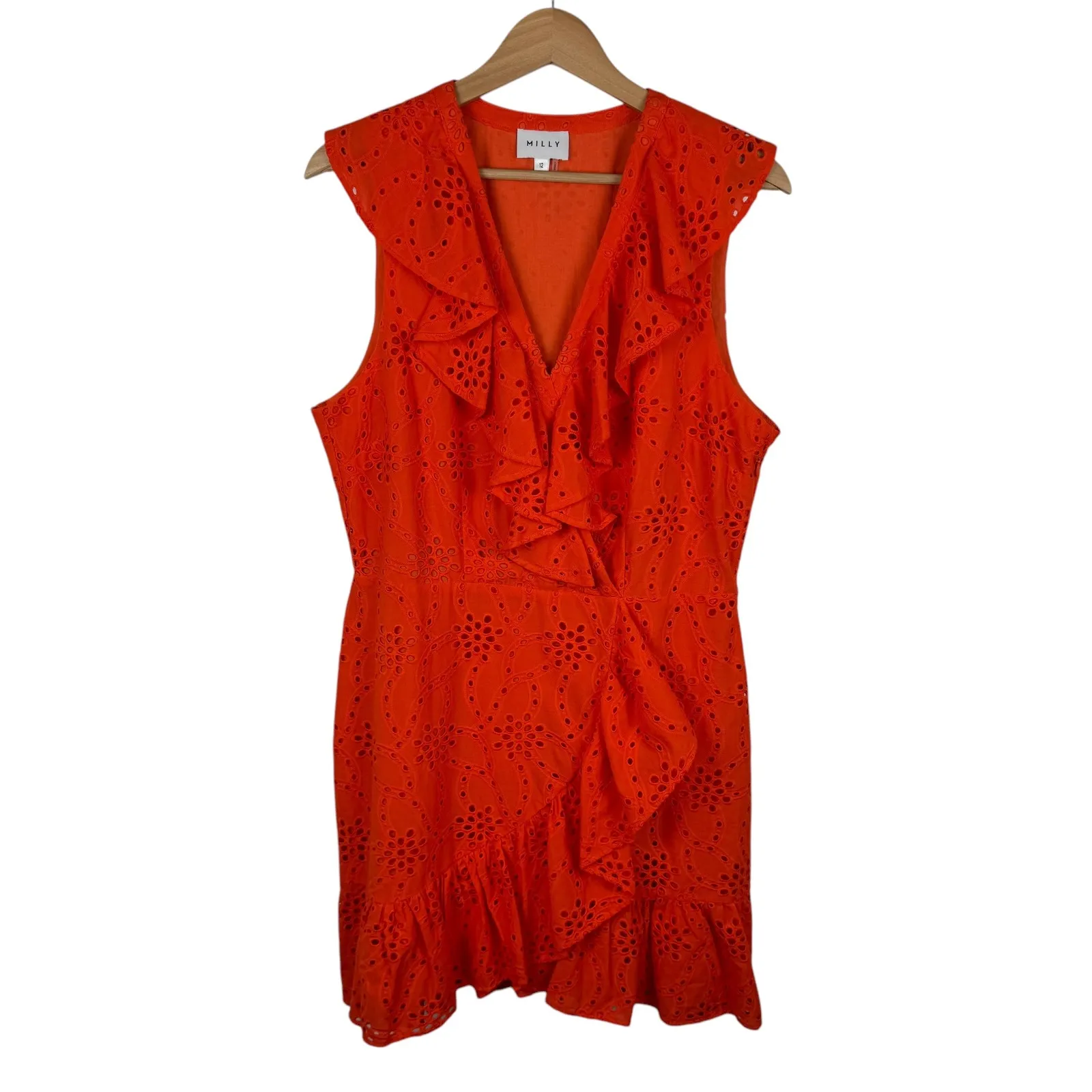 Milly Novi Eyelet Wrap Dress Sz 12 Orange Wrap Sleeveless Party Summer‎ Wedding - Image 3