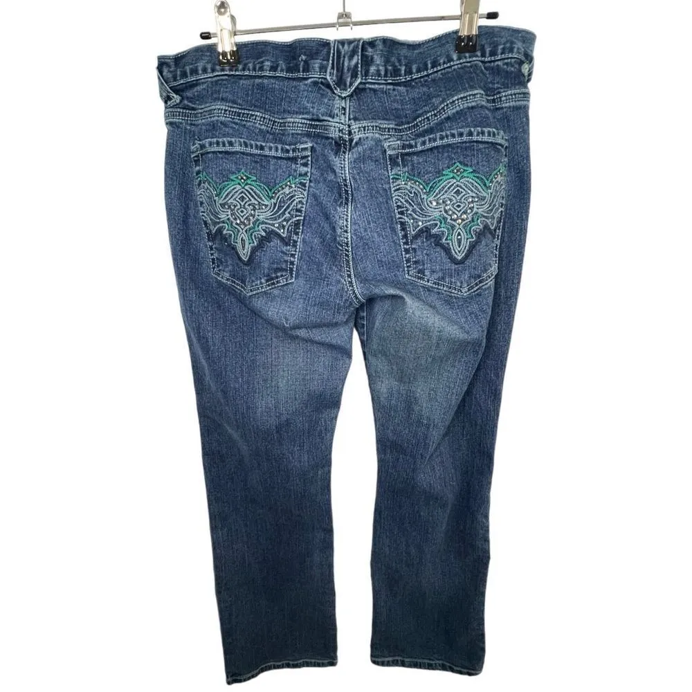Metro 7 Low Rose Flare Jeans With Embroidery and Sequins On Bottom Blue Size 12 - Image 4